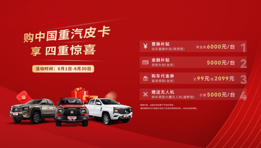 四重驚喜限時享，中國重汽皮卡6月鉅惠活動火熱進行中